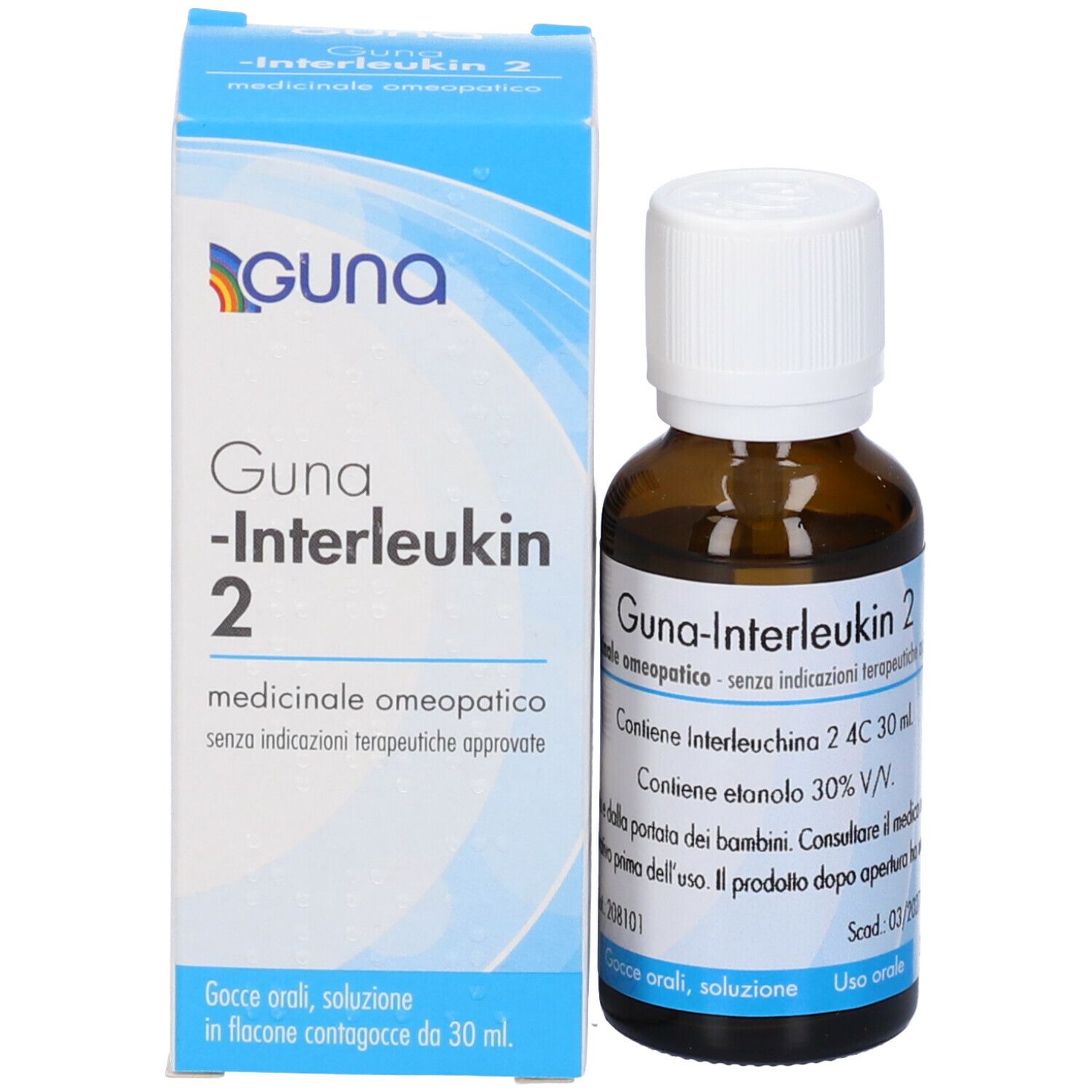 Guna -Interleukin 2. Flacone marrone e scatola. Nome del prodotto e logo ben visibili.