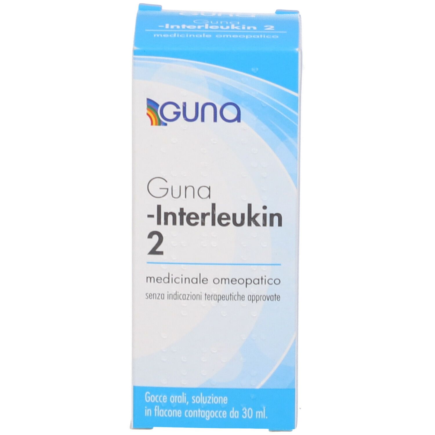 Guna -Interleukin 2. Scatola bianca e blu. Nome del prodotto e logo ben visibili.