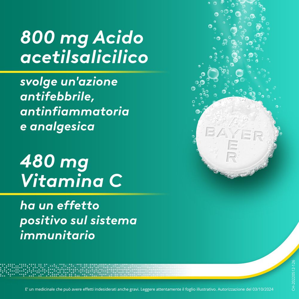 Compressa effervescente con testo: 800mg acido acetilsalicilico, 480mg vitamina C. Antinfiammatorio.
