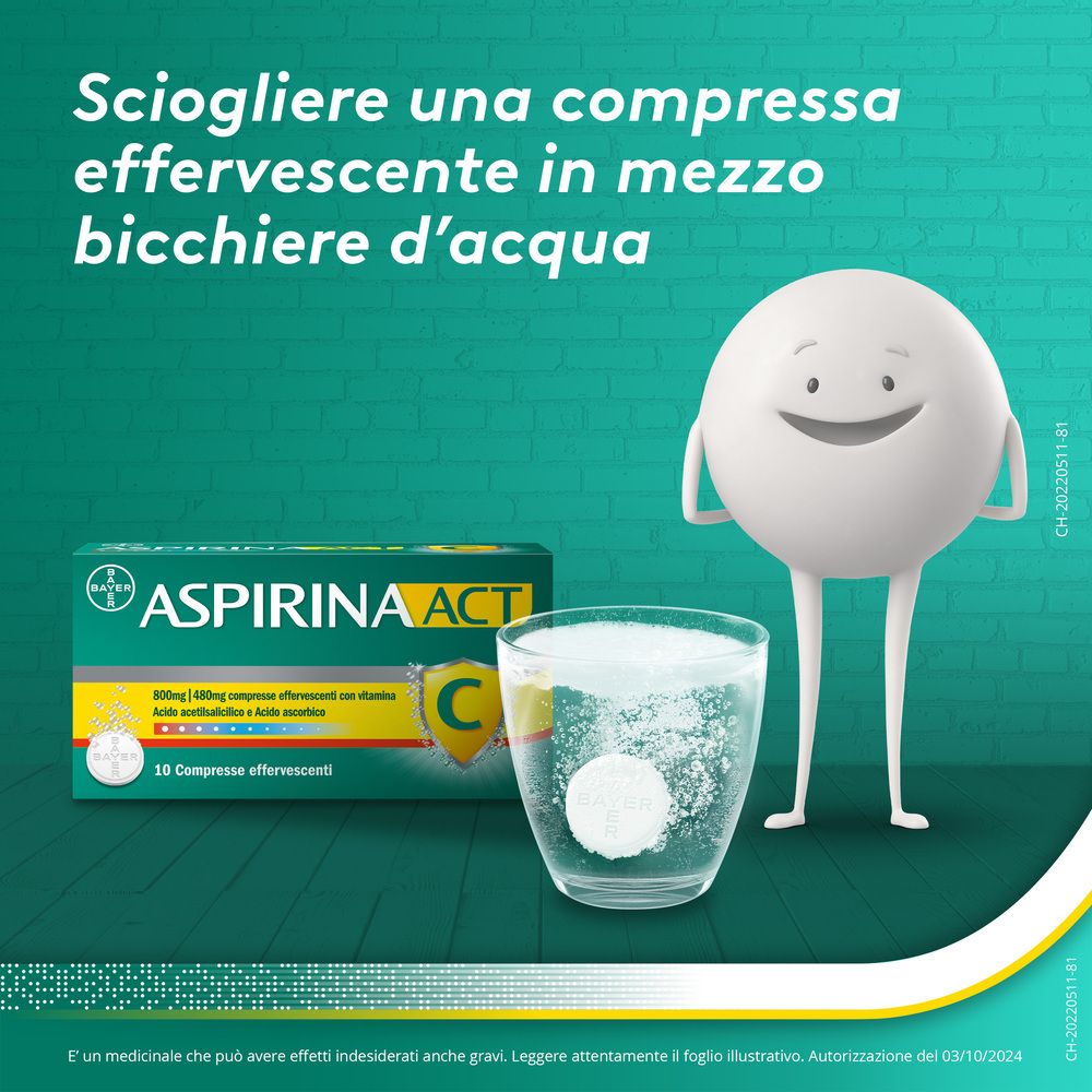 Personaggio dei cartoni animati scioglie compressa in acqua. Scatola AspirinaACT C accanto.