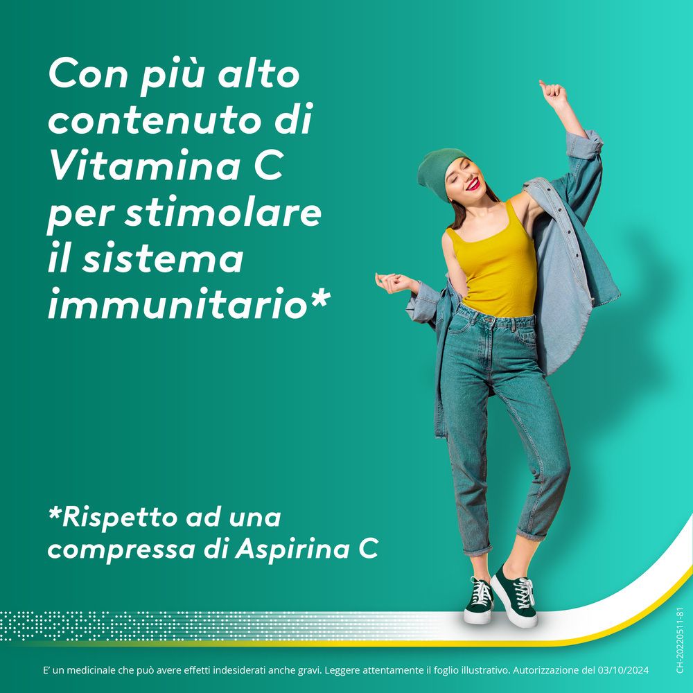 Donna che balla. Testo: Più vitamina C per stimolare l'immunità. *Rispetto ad Aspirina C.