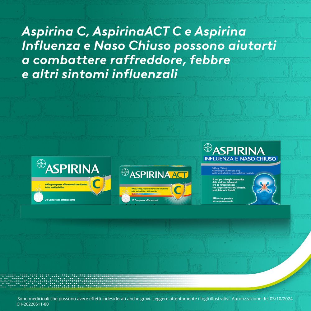 Tre confezioni di farmaci. Aspirina C, AspirinaACT C, Aspirina Influenza. Contro i sintomi del raffreddore.
