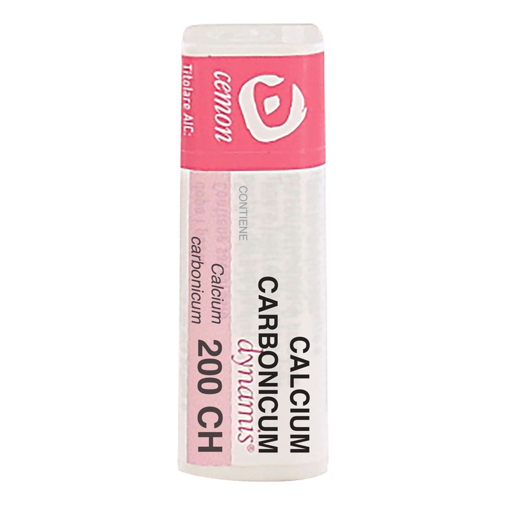 Confezione cilindrica con etichetta rosa. Scritta: Cemon, Calcium Carbonicum 200 CH.