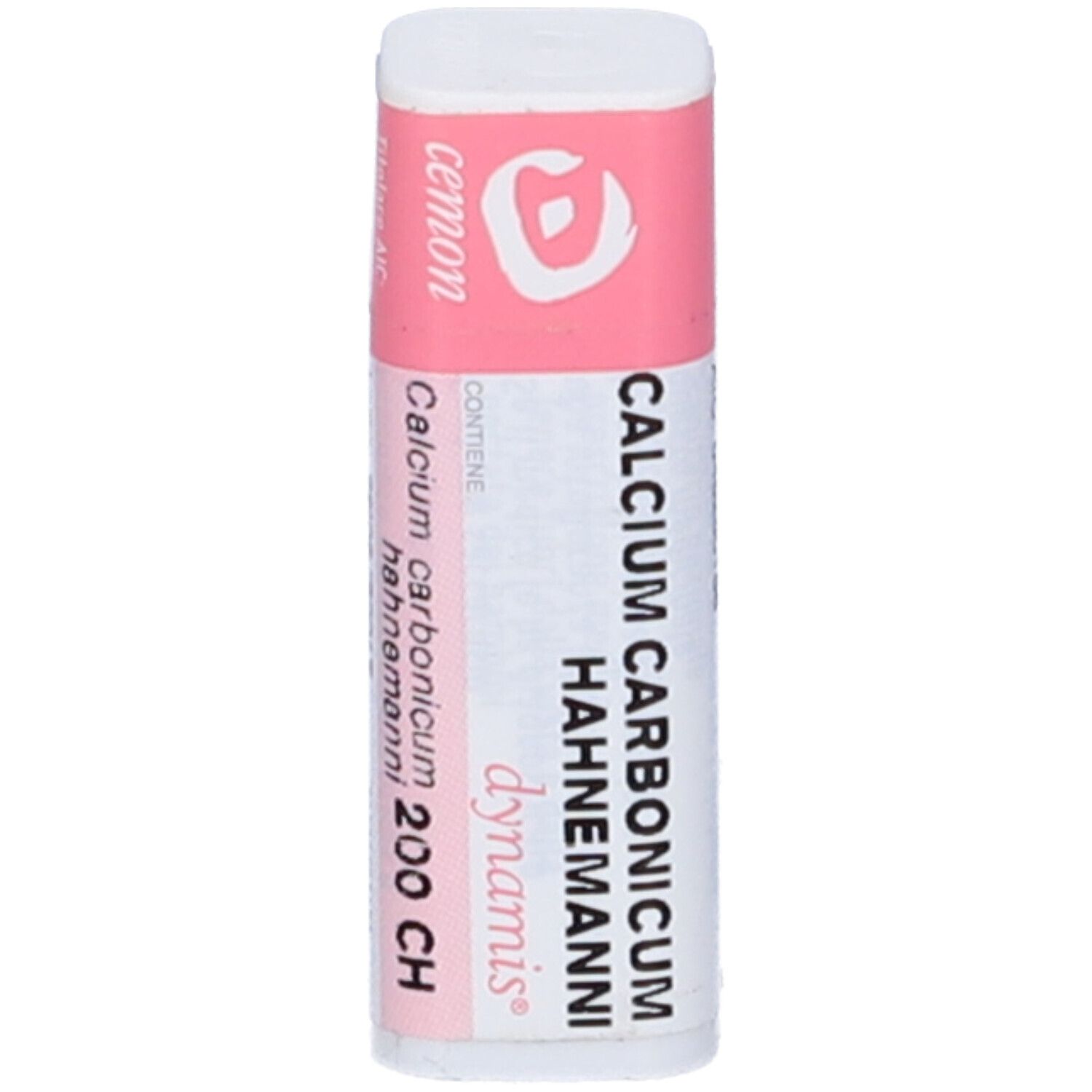 Confezione cilindrica con etichetta rosa. Scritta: Cemon, Calcium Carbonicum Hahnemanni 200 CH.