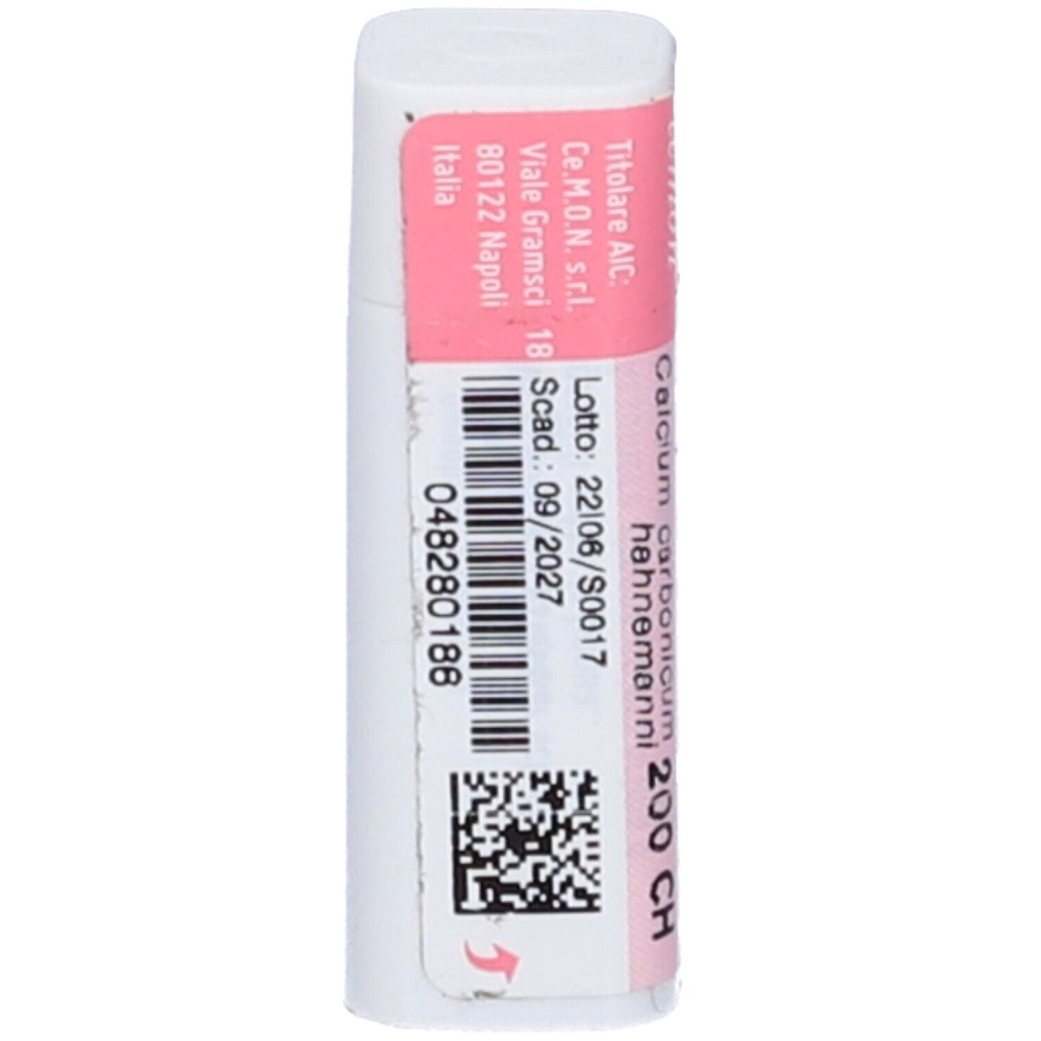 Confezione cilindrica con etichetta rosa. Scritta: Cemon, Calcium Carbonicum Hahnemanni 200 CH.