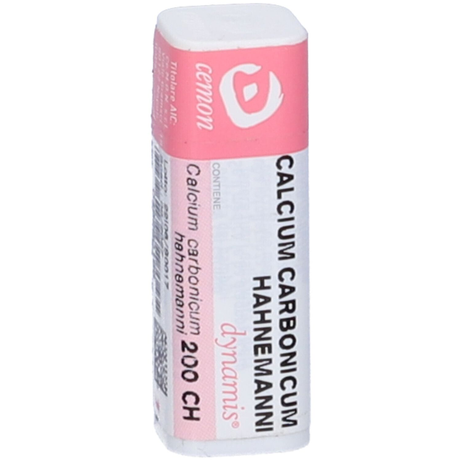 Confezione cilindrica con etichetta rosa. Scritta: Cemon, Calcium Carbonicum Hahnemanni 200 CH.