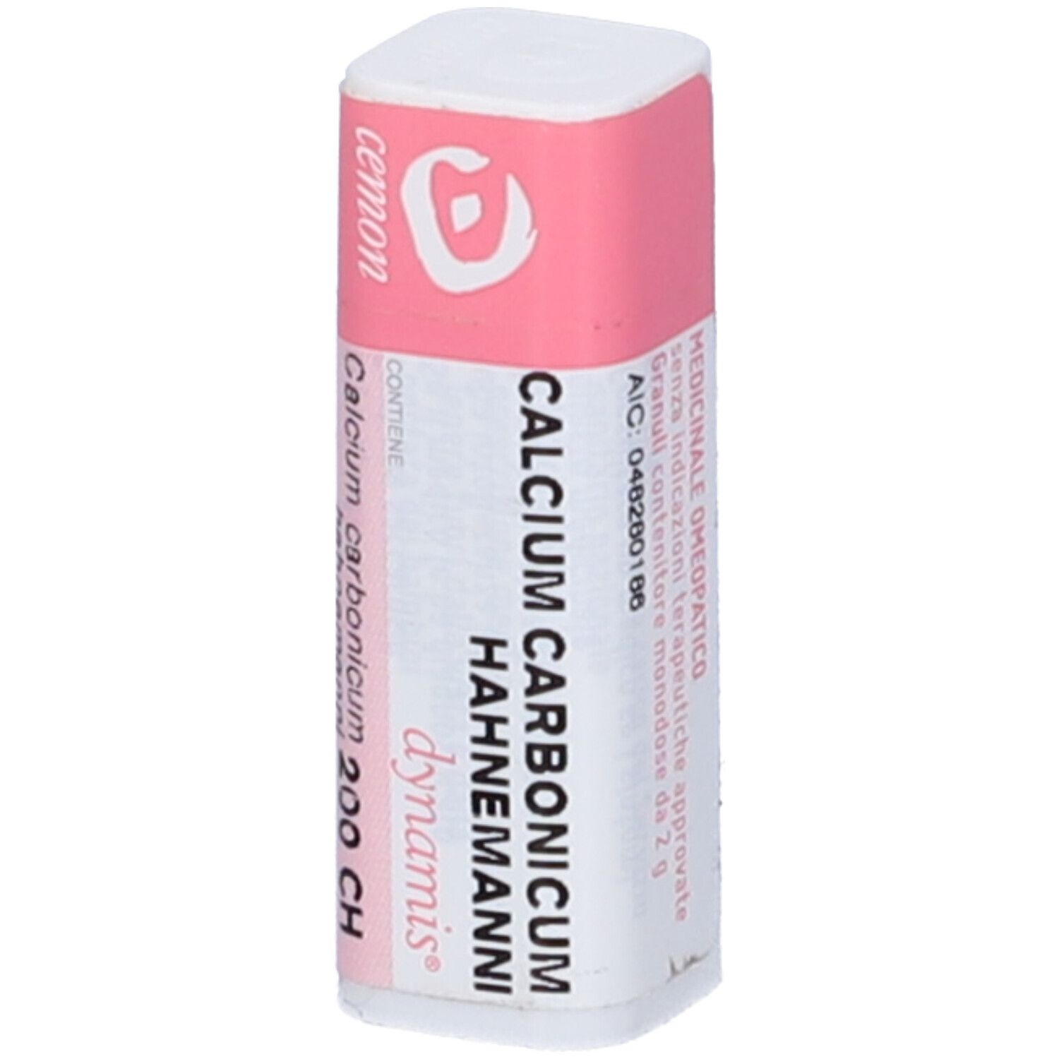 Confezione cilindrica con etichetta rosa. Scritta: Cemon, Calcium Carbonicum Hahnemanni 200 CH.