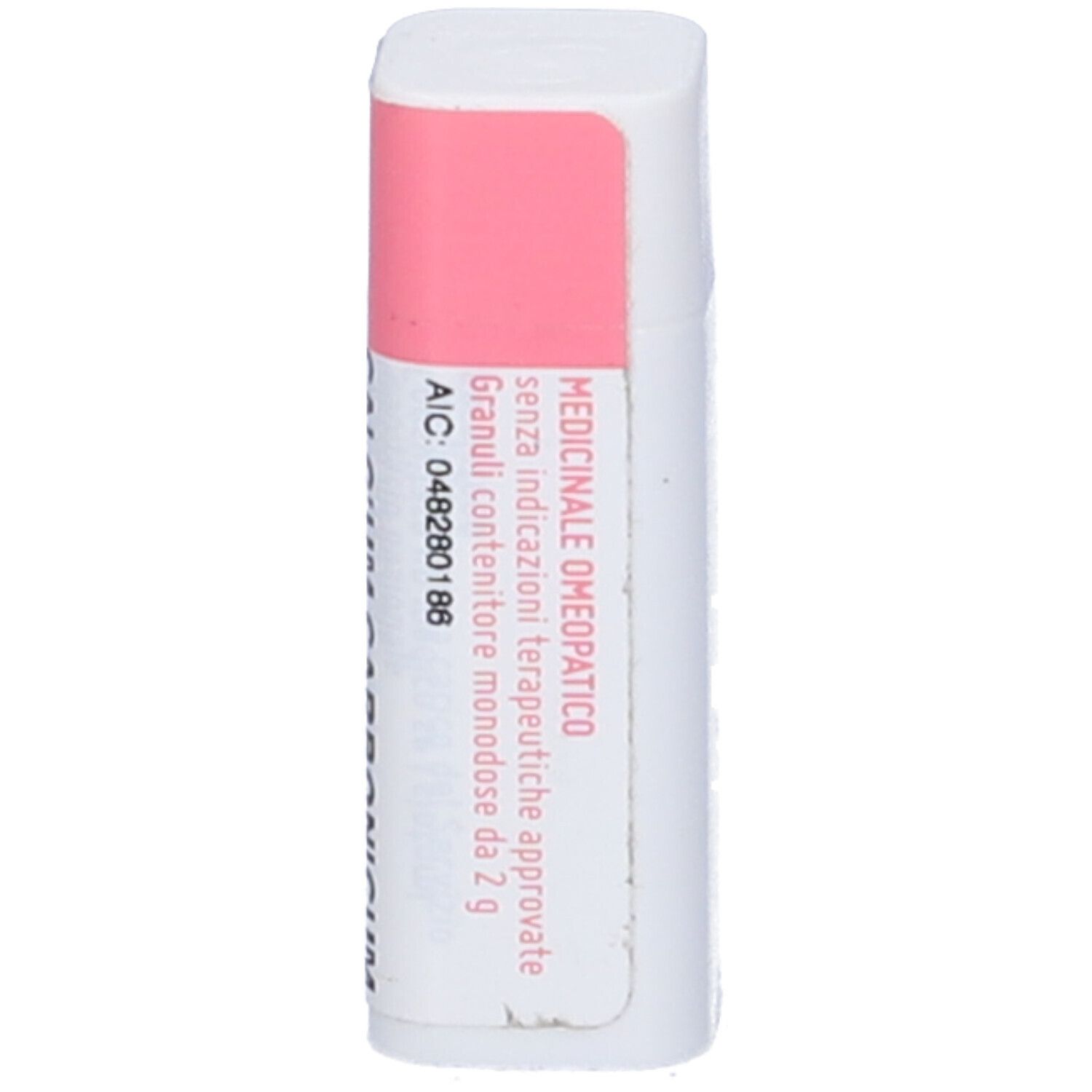 Confezione cilindrica con etichetta rosa. Scritta: Granuli omeopatici medicinali.