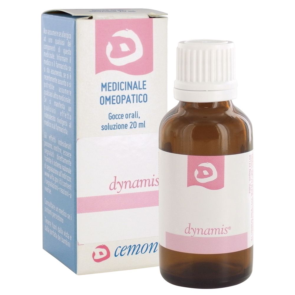 Flacone di vetro marrone con tappo bianco ed etichetta. L'etichetta riporta "dynamis" e "medicinale omeopatico".
