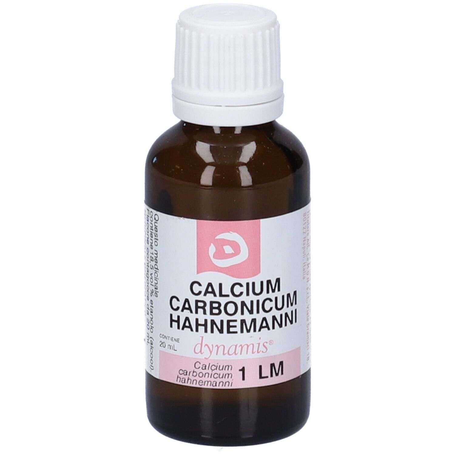 Flacone di vetro marrone con tappo bianco. L'etichetta riporta "CALCIUM CARBONICUM HAHNEMANNI 1 LM" e "dynamis".