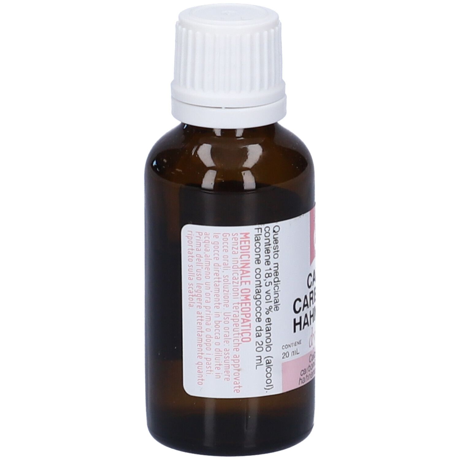 Flacone di vetro marrone con tappo bianco. L'etichetta riporta "CALCIUM CARBONICUM HAHNEMANNI 1 LM" e "dynamis".