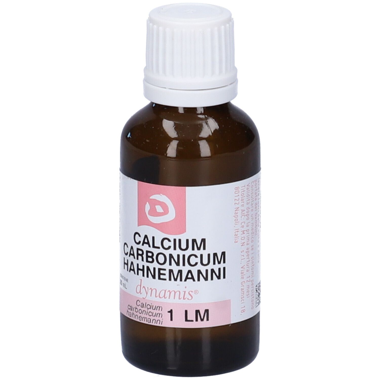 Flacone di vetro marrone con tappo bianco. L'etichetta riporta "CALCIUM CARBONICUM HAHNEMANNI 1 LM" e "dynamis".