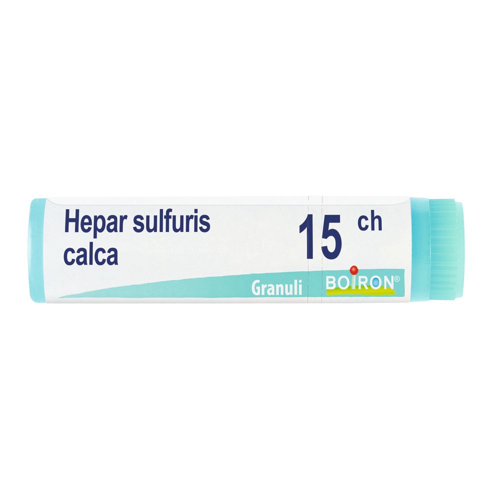 Confezione cilindrica con "Hepar sulfuris calca 15 ch". Tappo blu e scritte. Marchio BOIRON.