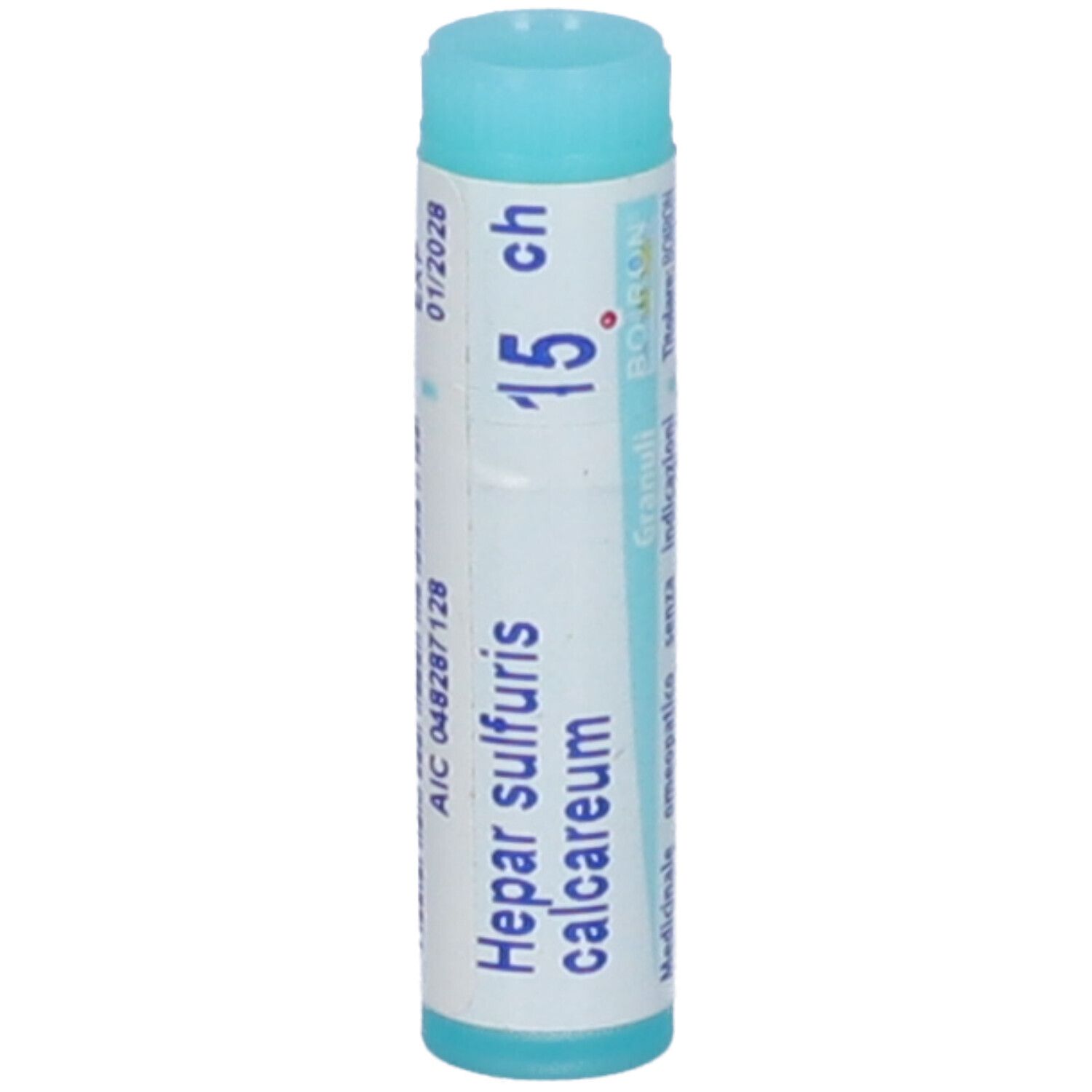 Confezione cilindrica con "Hepar sulfuris calcareum 15 ch". Tappo blu. Data di scadenza stampata.