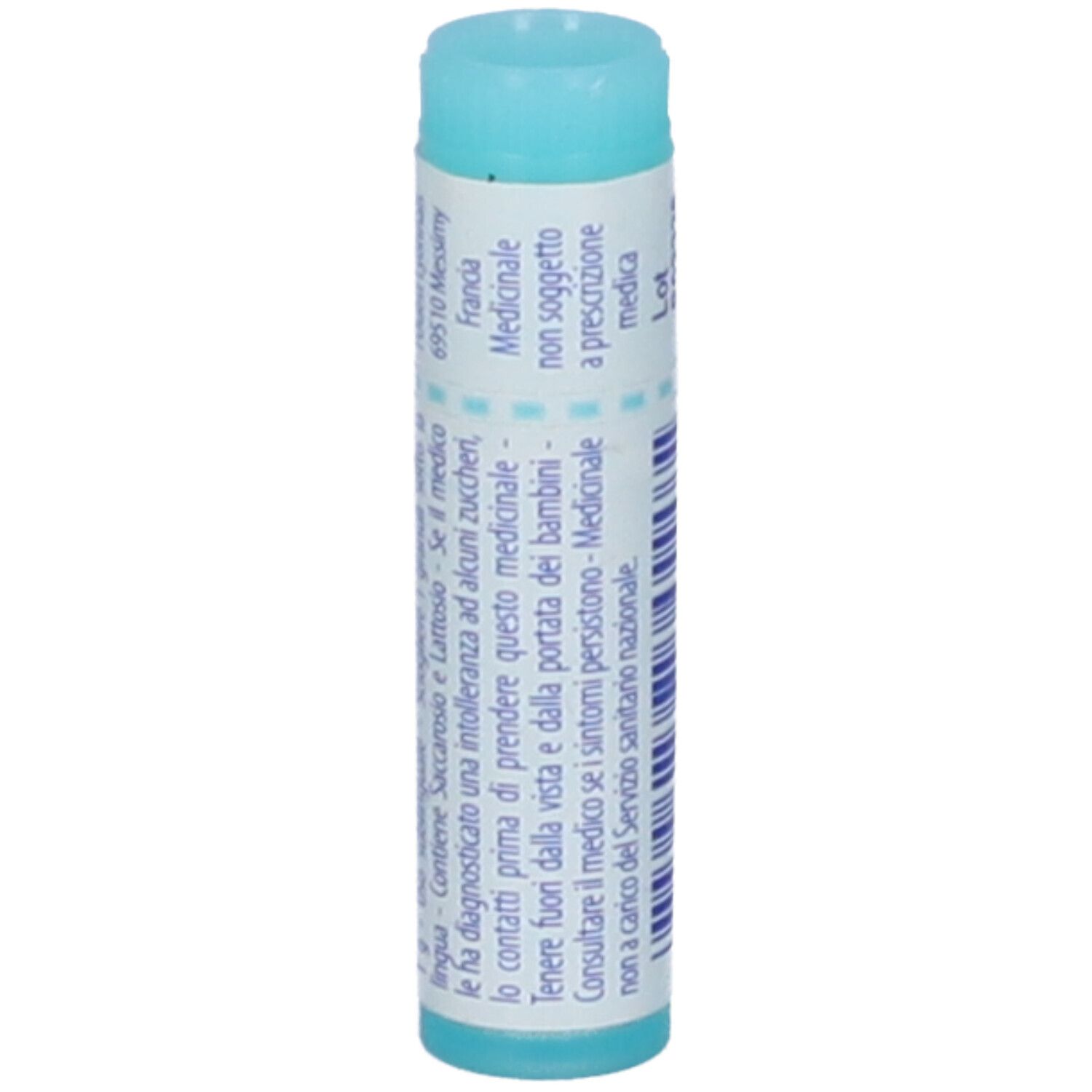Confezione cilindrica. Tappo blu. Testo con ingredienti e informazioni del produttore.