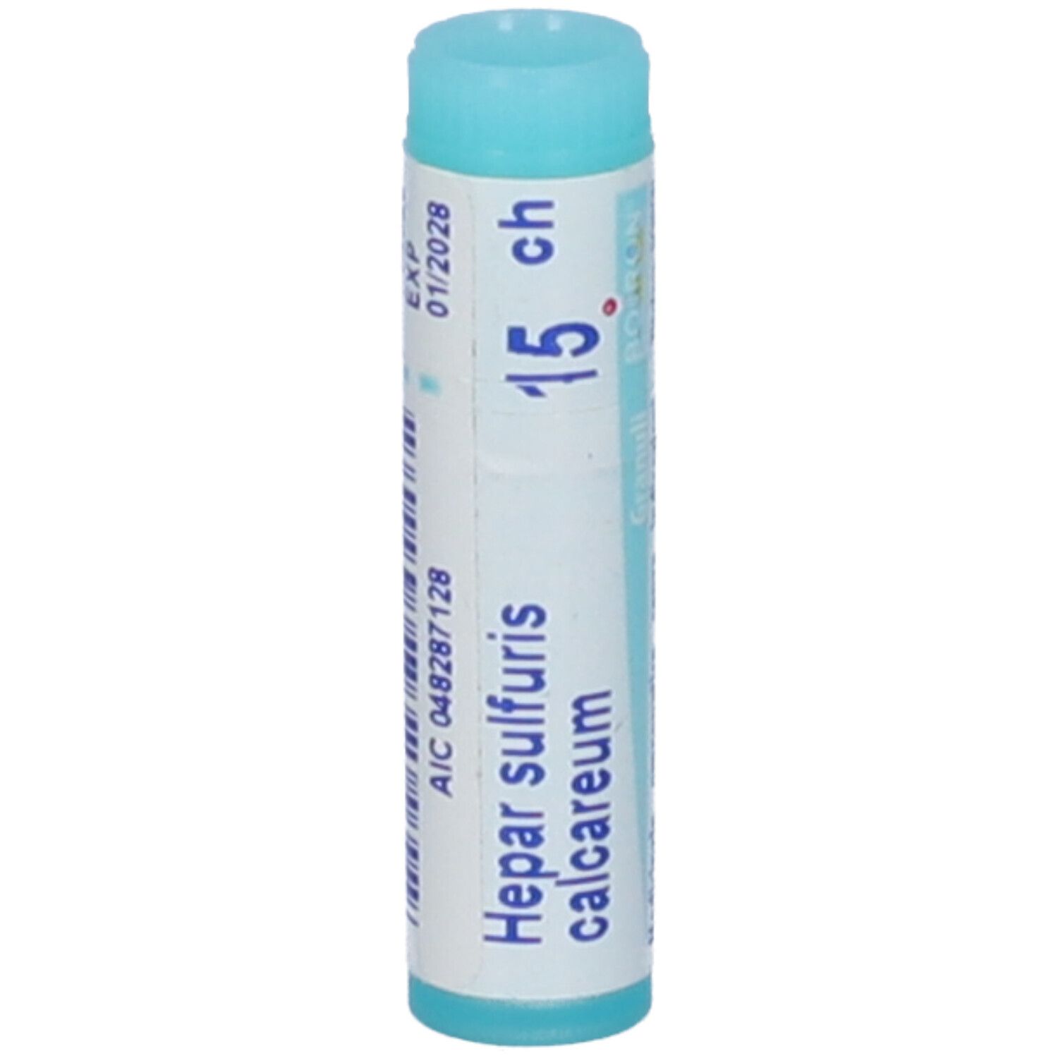 Confezione cilindrica con "Hepar sulfuris calcareum 15 ch". Tappo blu. Data di scadenza.
