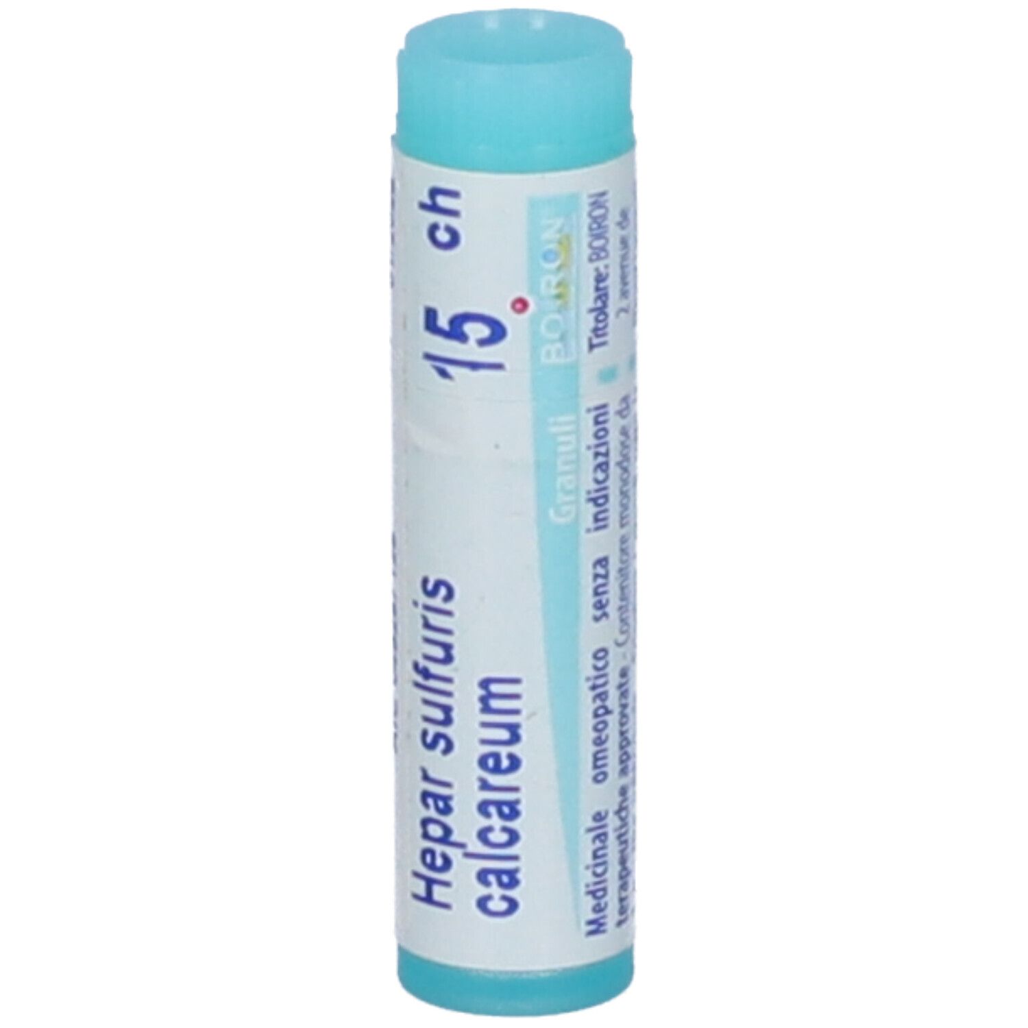 Confezione cilindrica con "Hepar sulfuris calcareum 15 ch". Tappo blu. Marchio BOIRON.