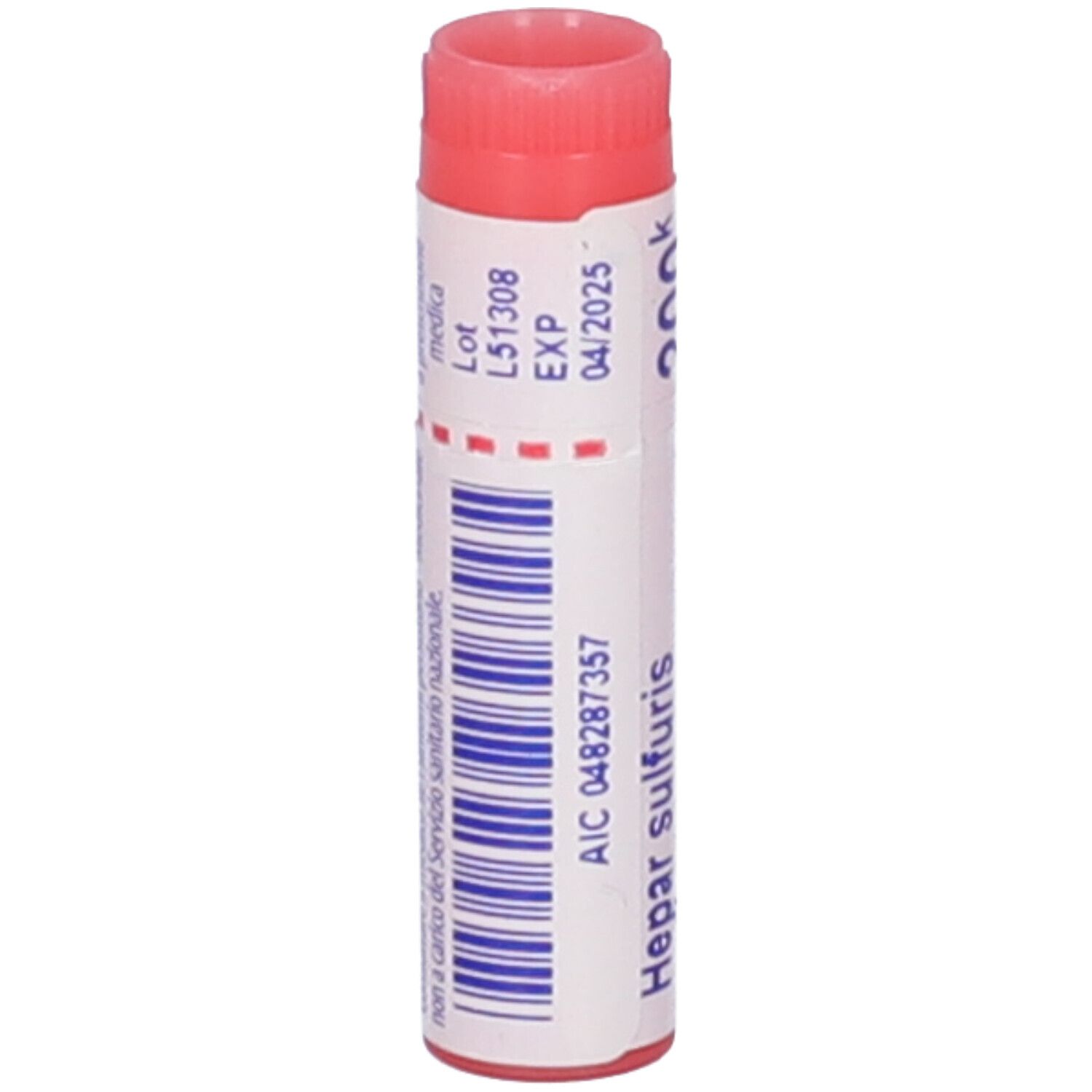 Confezione cilindrica, tappo rosso. Scritta: Hepar sulfuris, codice AIC, EXP 04/2025.