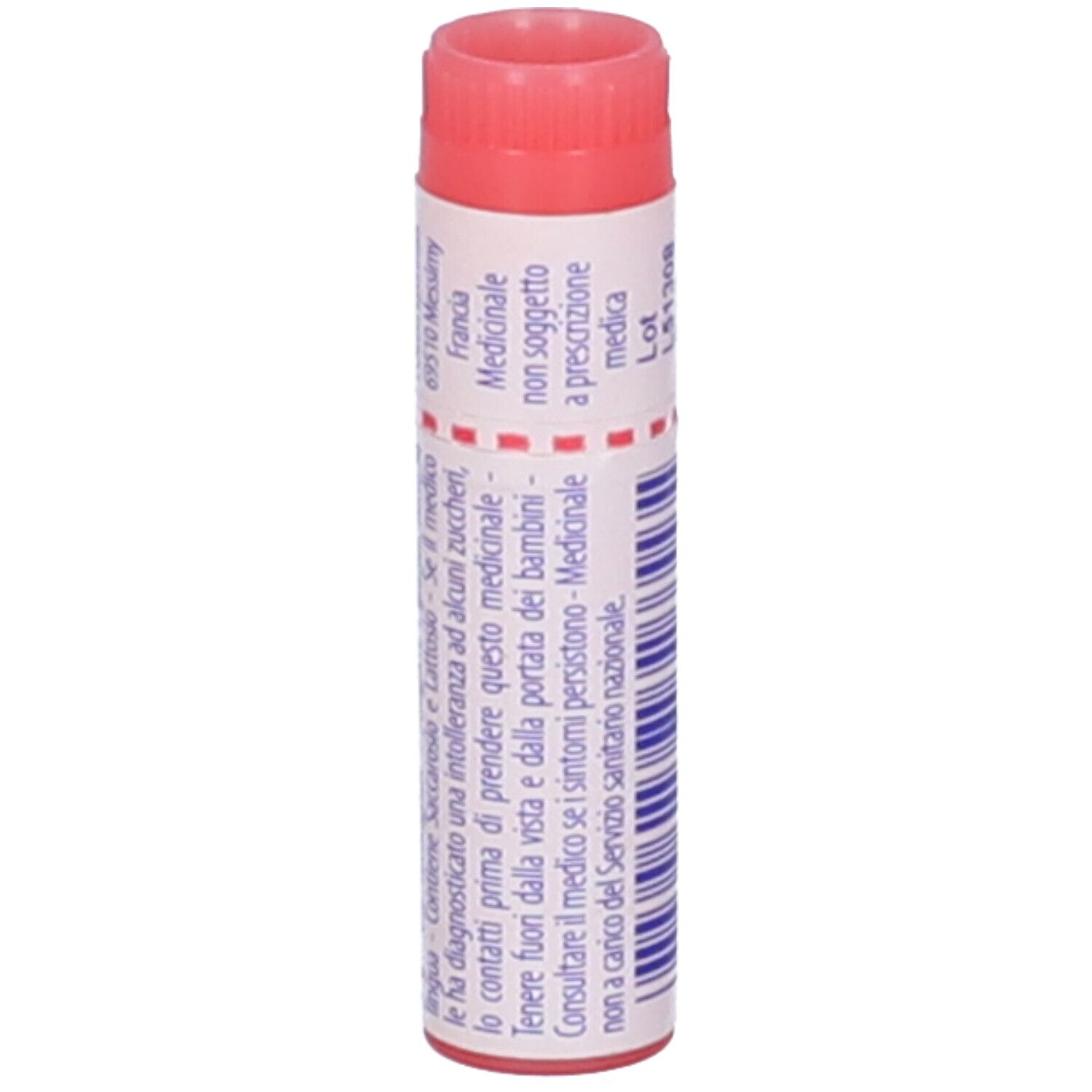 Confezione cilindrica, tappo rosso. Scritta: Medicinale, non soggetto a prescrizione.