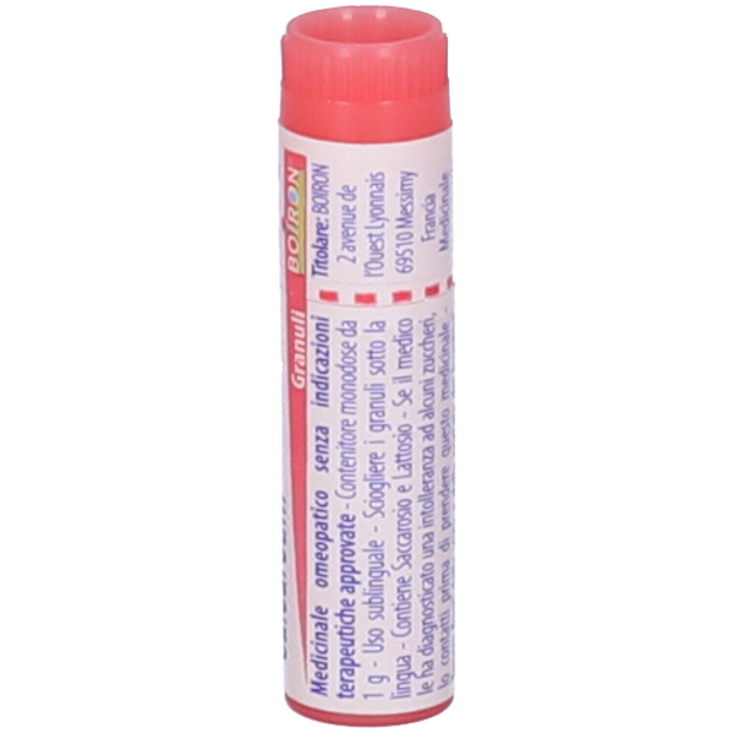 Confezione cilindrica, tappo rosso. Scritta: Boiron, Granuli, Medicinale, senza zucchero.