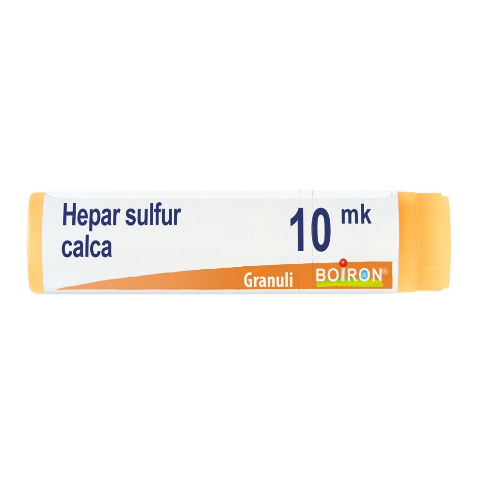 Confezione cilindrica con scritta 'Hepar sulfur calca 10 mk Granuli BOIRON'. Estremità arancioni.