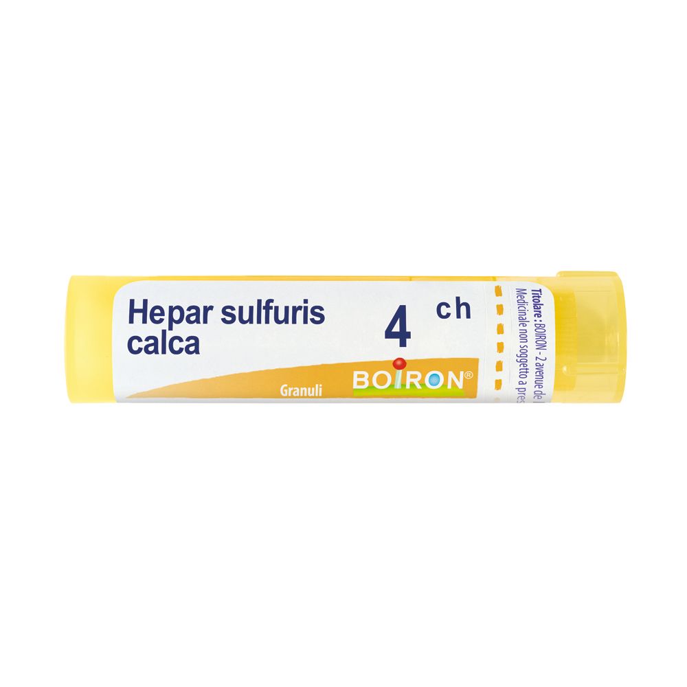 Tubo di granuli giallo con scritta 'Hepar sulfuris calca 4 ch' e logo BOIRON.
