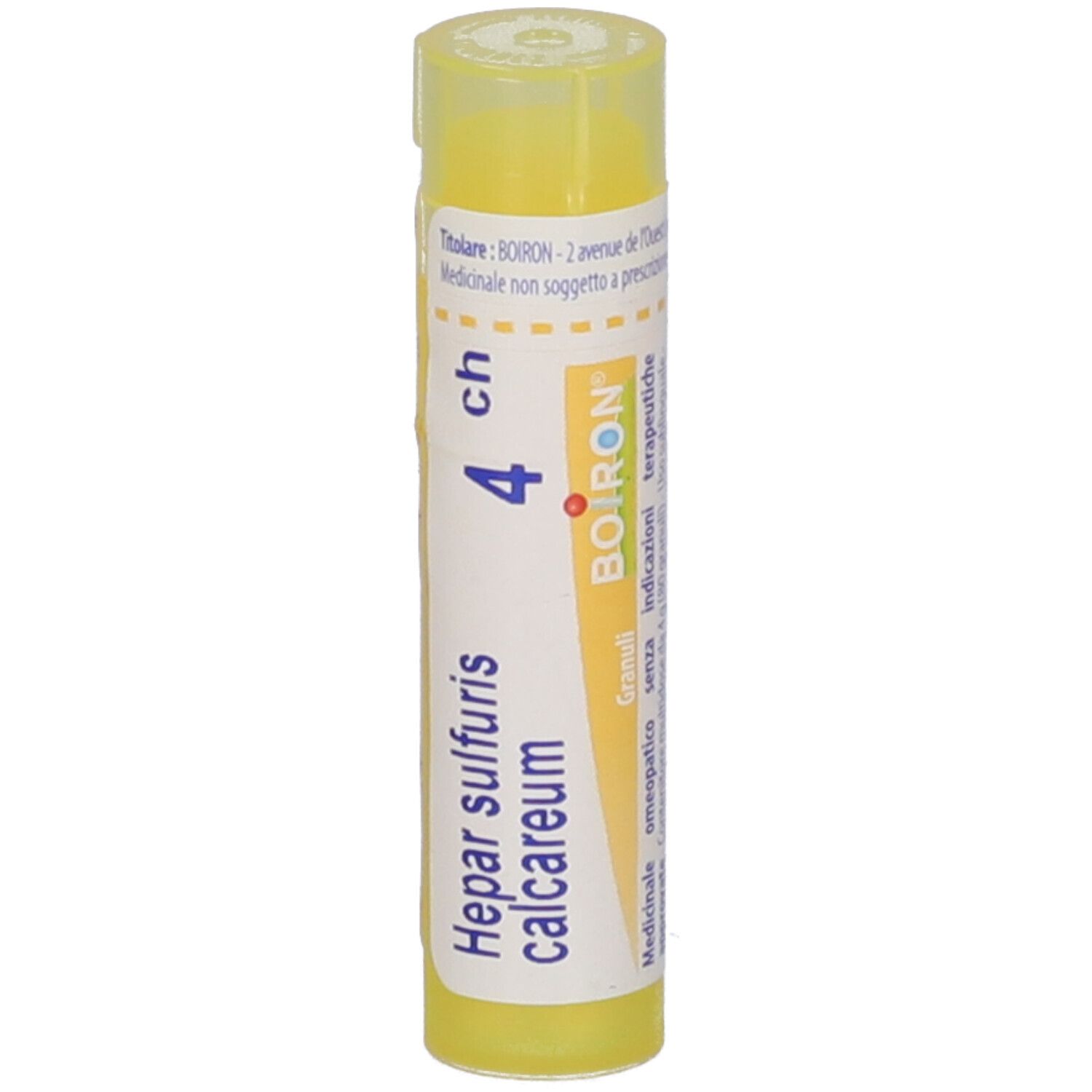 Tubo di granuli giallo con scritta 'Hepar sulfuris calcareum 4 ch' e logo BOIRON.