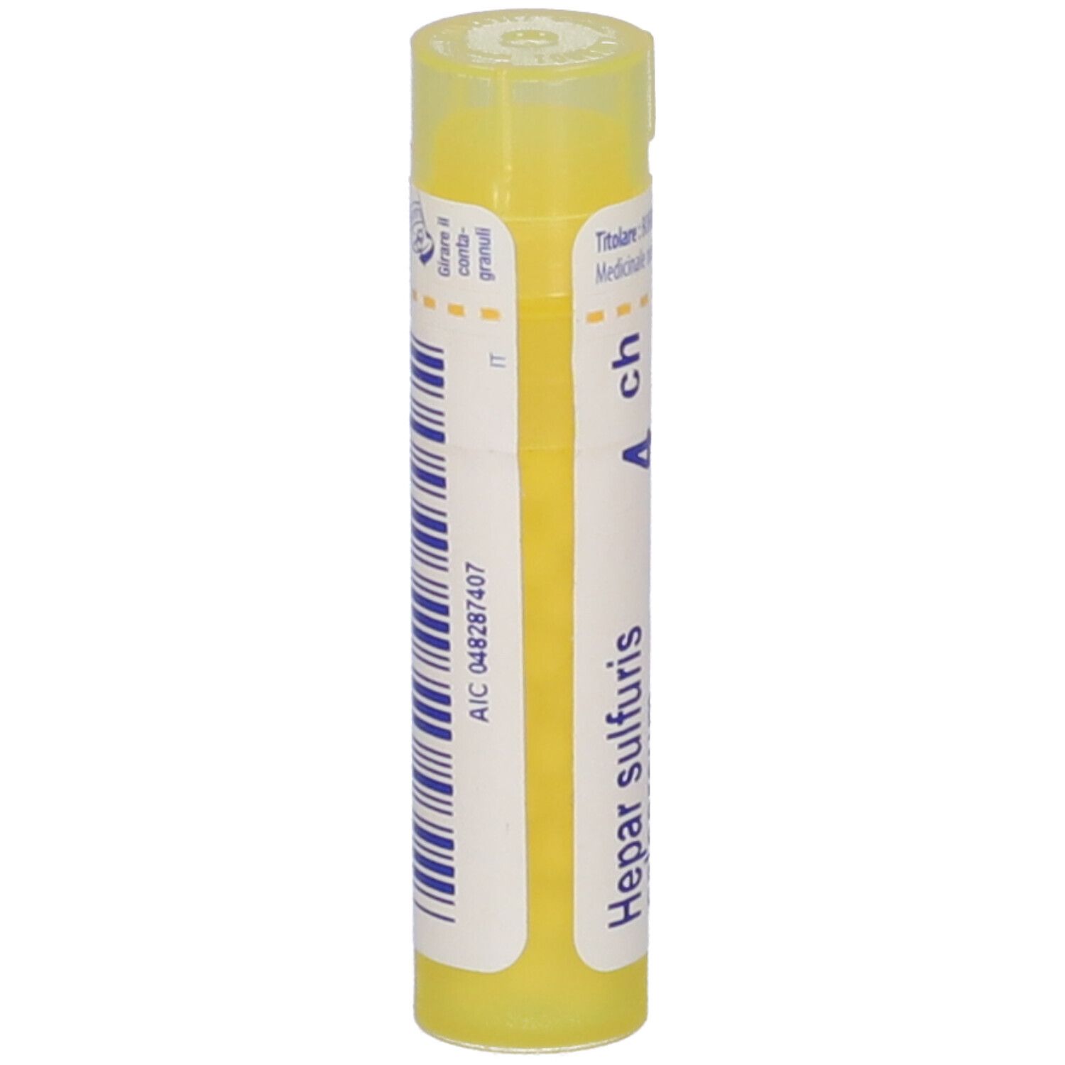 Tubo di granuli giallo con scritta 'Hepar sulfuris' e '4 ch'. Contiene un codice a barre.