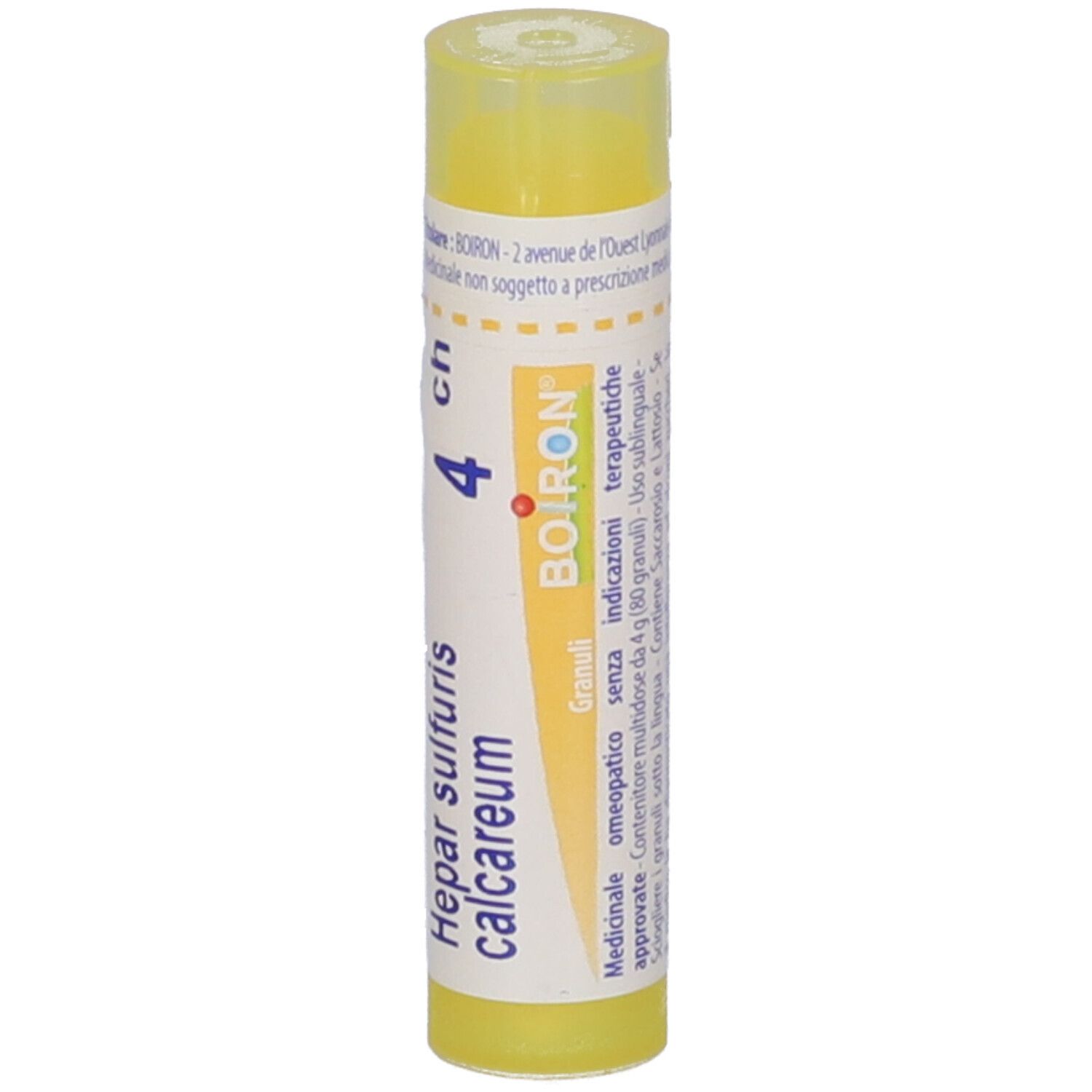 Tubo di granuli giallo con scritta 'Hepar sulfuris calcareum 4 ch' e logo BOIRON.