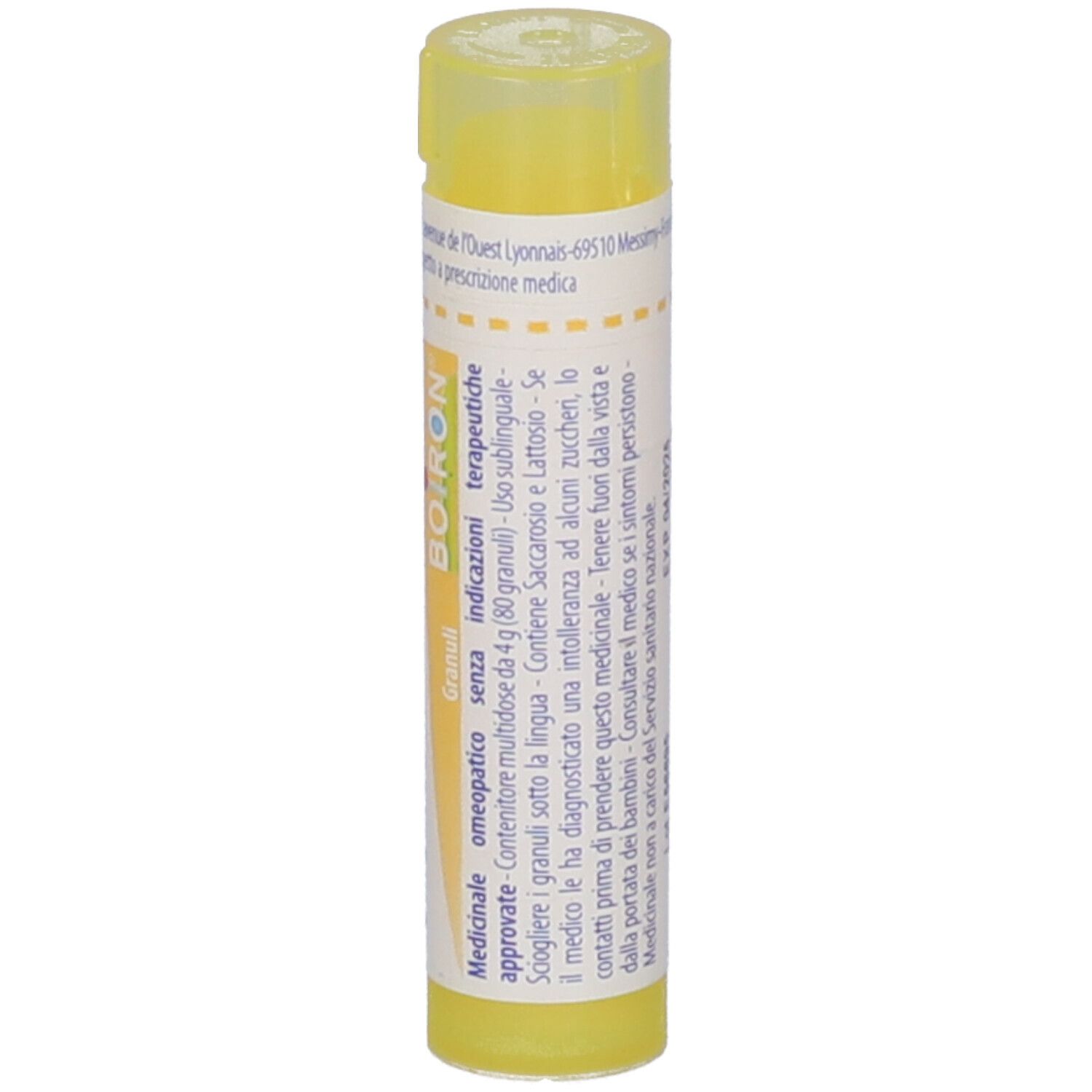 Tubo di granuli giallo con scritta 'Hepar sulfuris' e logo BOIRON. Contiene testo.