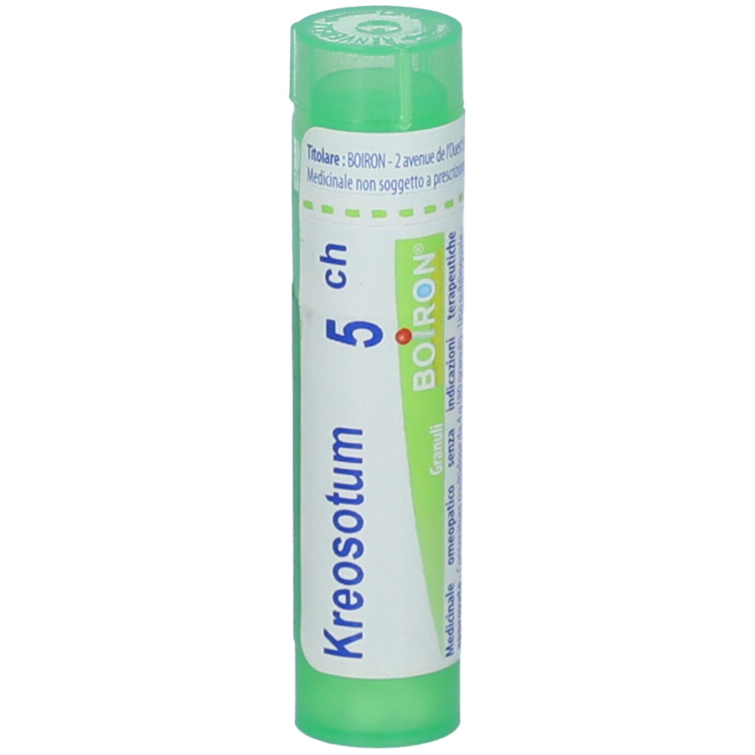 Tubetto cilindrico verde con Kreosotum 5 ch BOIRON®. Nome del prodotto e marchio su etichetta bianca.