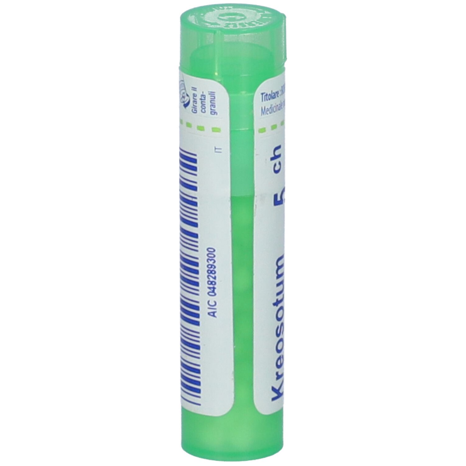Tubetto cilindrico verde con Kreosotum 5 ch. Codice a barre e informazioni su etichetta bianca.
