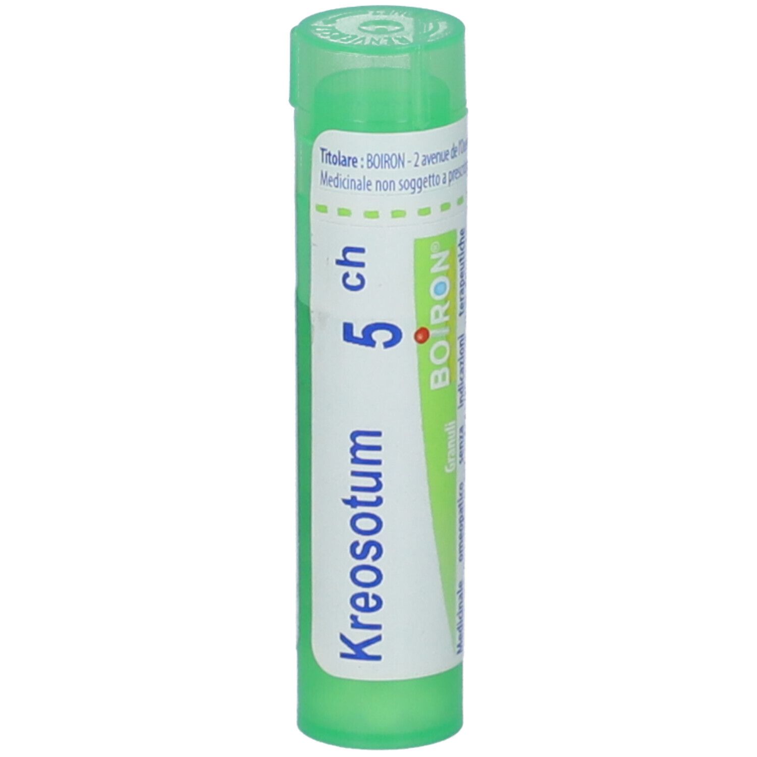 Tubetto cilindrico verde con Kreosotum 5 ch BOIRON®. Nome e marchio su etichetta bianca.