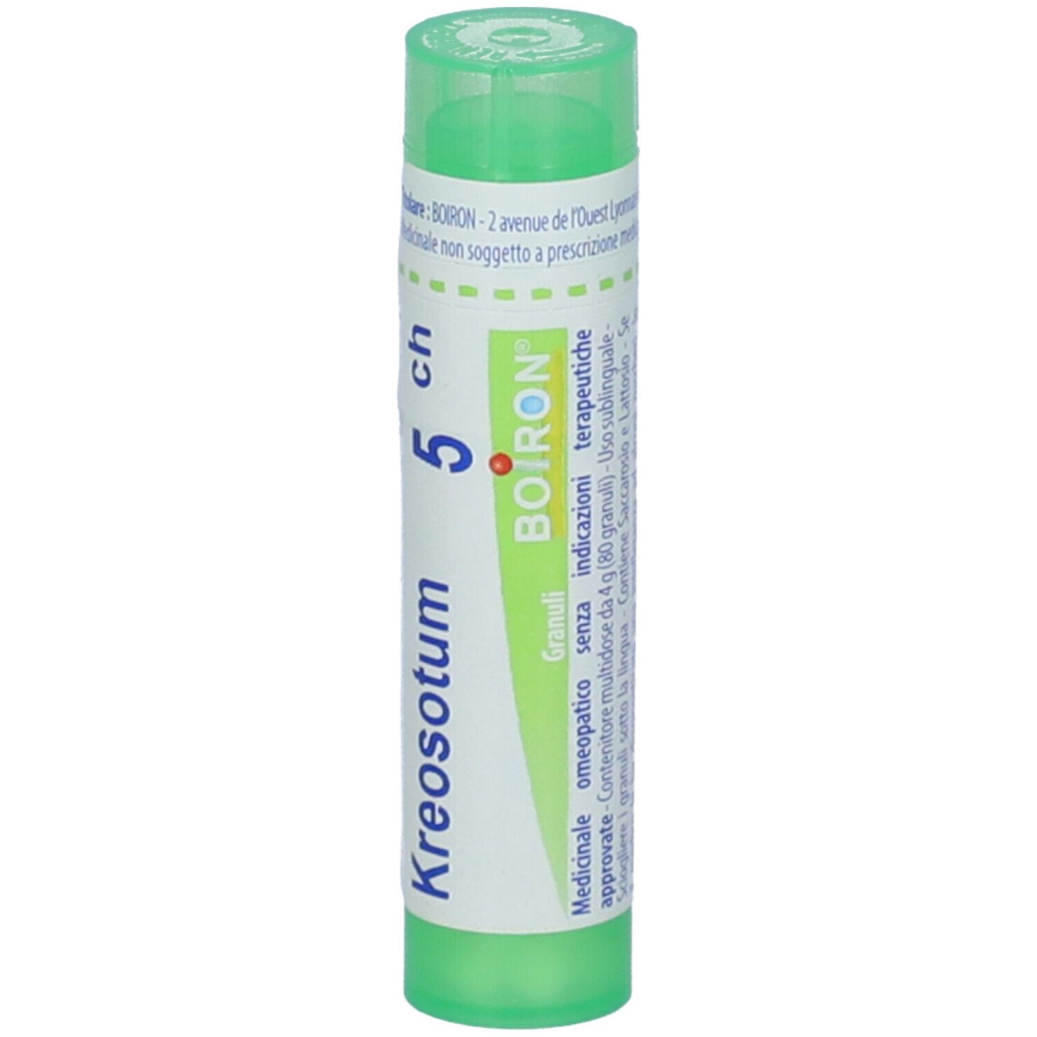 Tubetto cilindrico verde con Kreosotum 5 ch BOIRON®. Informazioni su etichetta bianca.