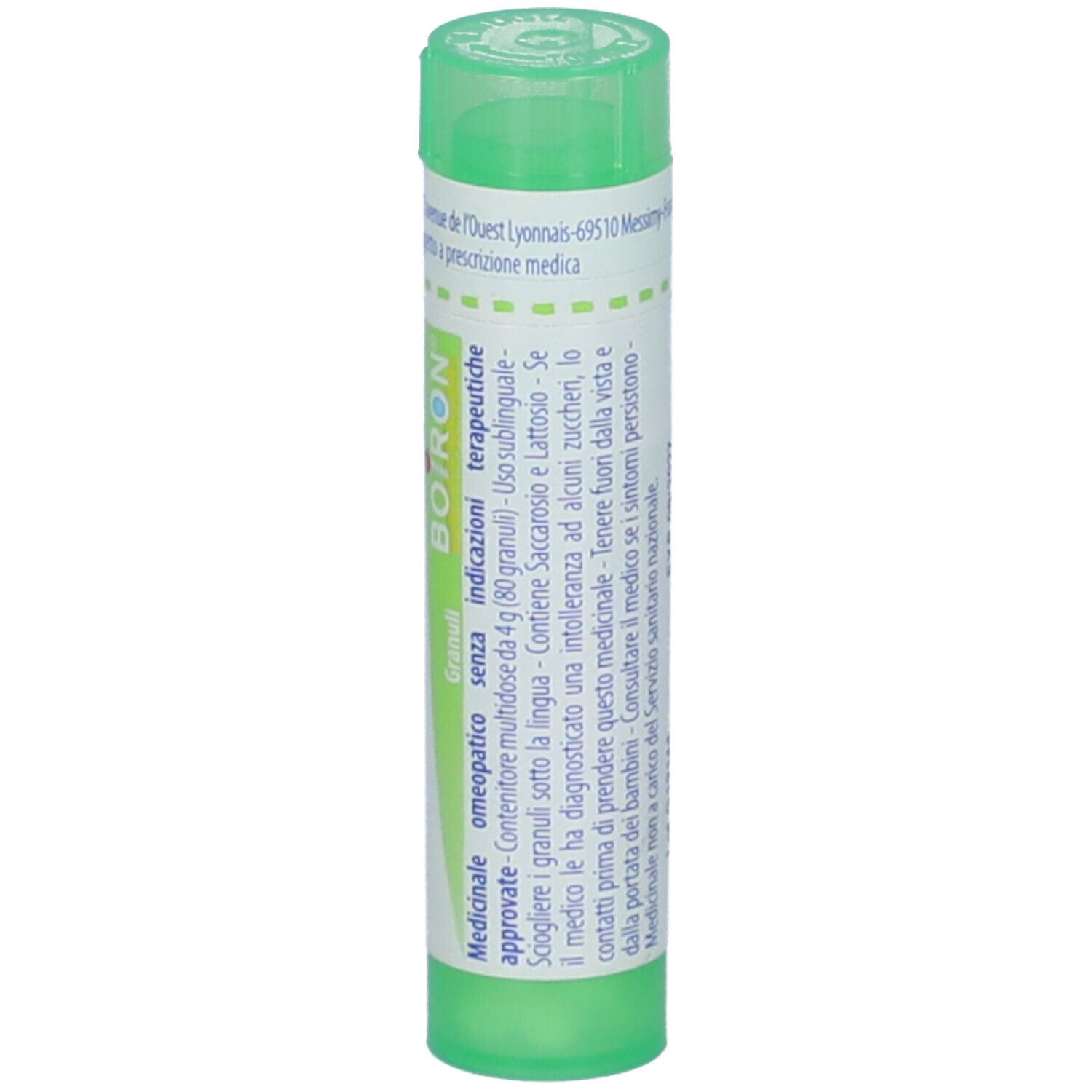 Tubetto cilindrico verde con BOIRON® Kreosotum. Informazioni su etichetta bianca.