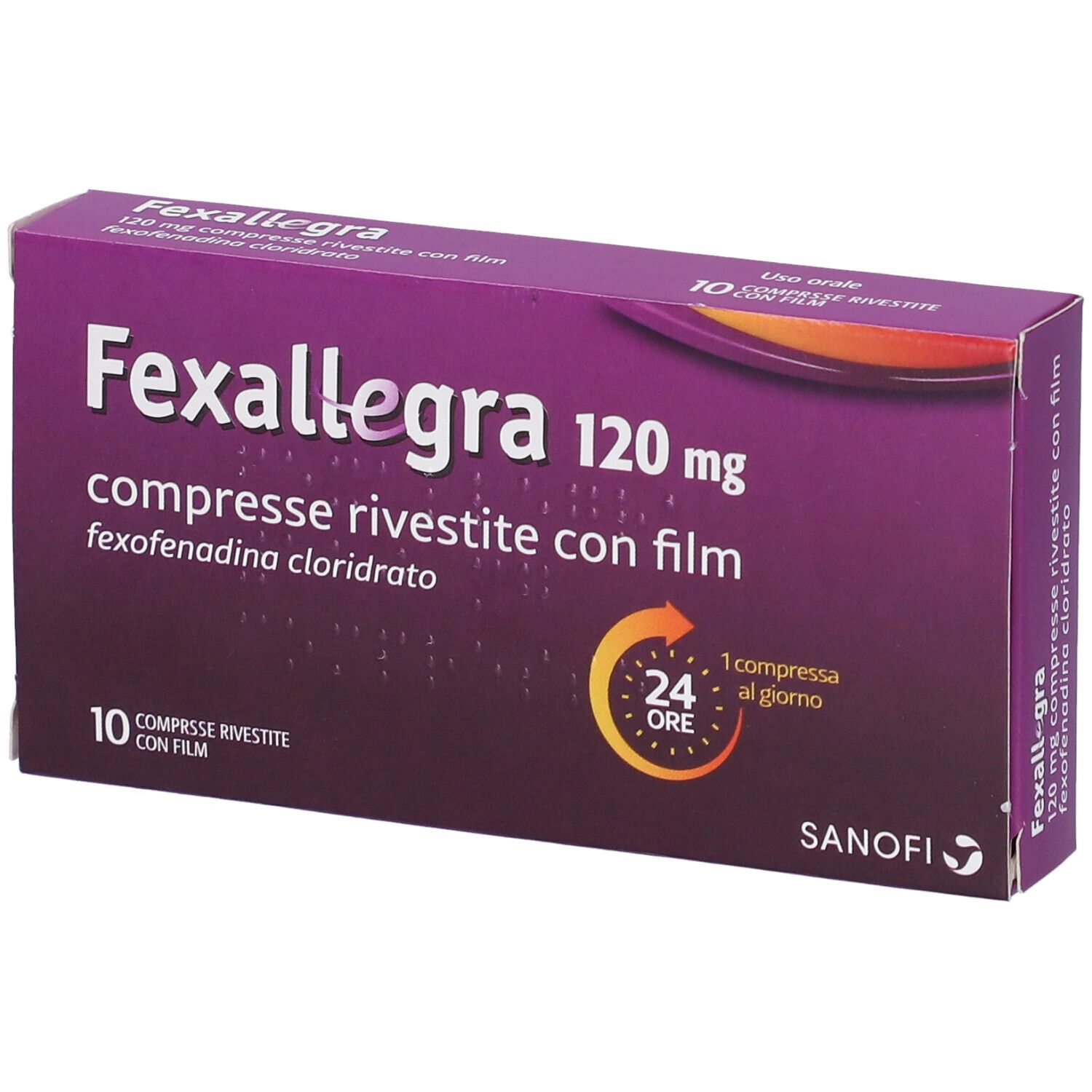 Scatola di Fexallegra 120 mg compresse. Confezione viola con testo bianco. Mostra nome, dosaggio e produttore.
