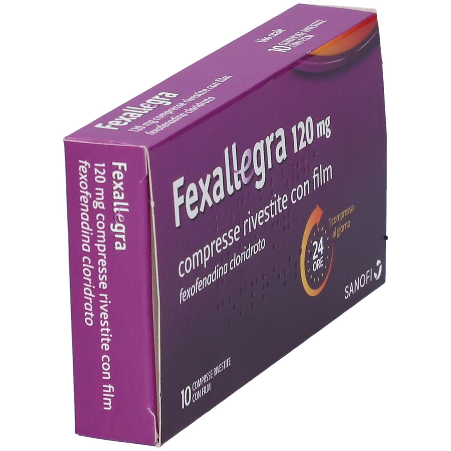 Vista angolata della confezione di Fexallegra 120 mg. Scatola viola con testo bianco. Nome e dosaggio.