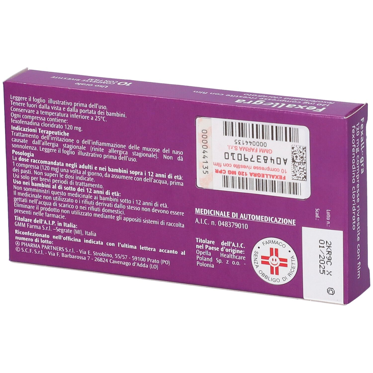 Retro della confezione di Fexallegra 120 mg. Scatola viola con testo. Informazioni e numero di lotto.