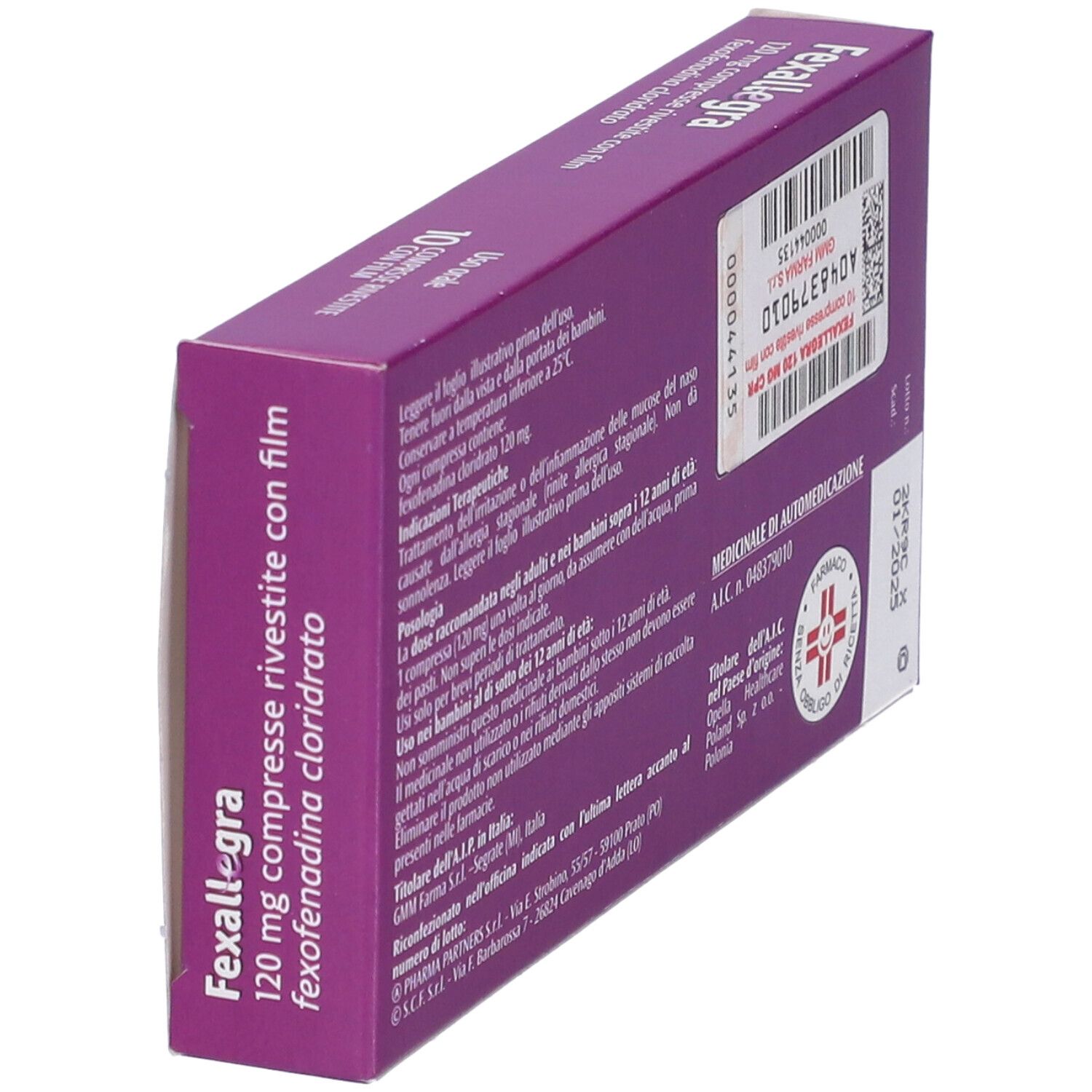 Vista angolata del retro della confezione di Fexallegra 120 mg. Scatola viola con testo. Informazioni e lotto.