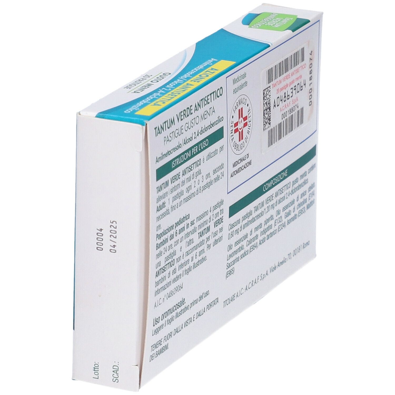 Scatola Tantum Verde Antisettico Pastiglie Gusto Menta. Vista laterale con testo e numero di lotto, data.