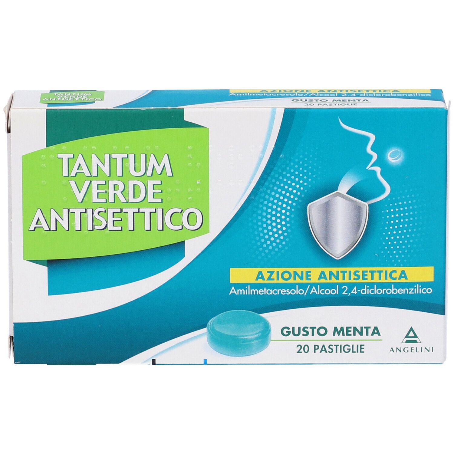 Scatola Tantum Verde Antisettico Pastiglie Gusto Menta. Confezione verde e bianca, pastiglia visibile, nome del prodotto.