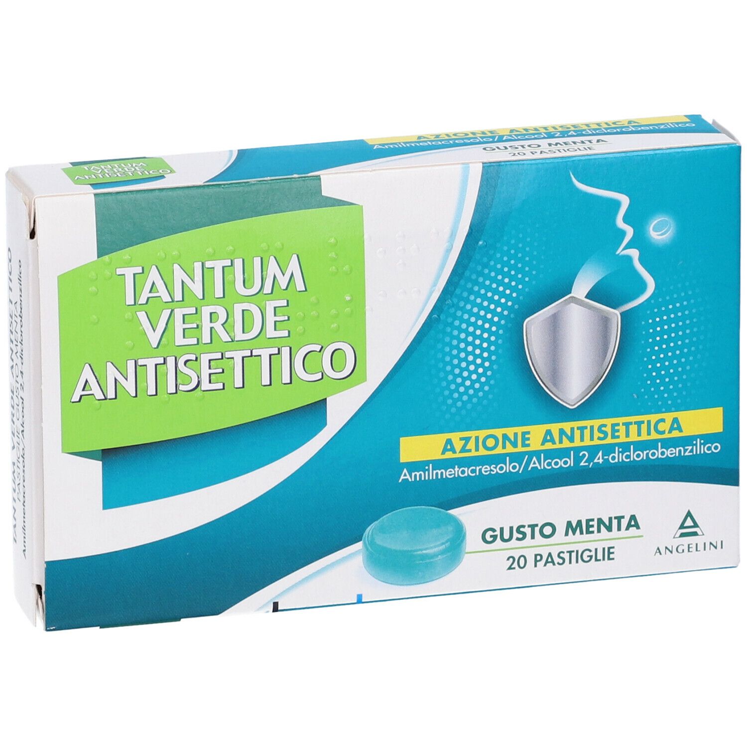 Scatola Tantum Verde Antisettico Pastiglie Gusto Menta. Confezione verde e bianca, pastiglia visibile, nome del prodotto.