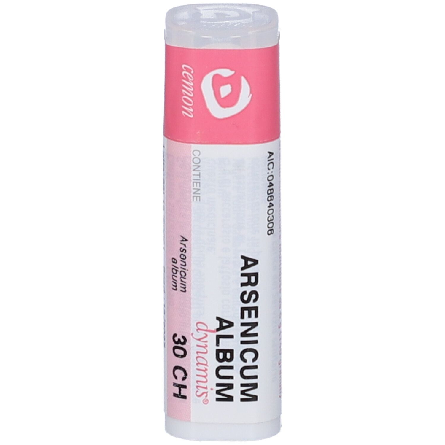 Flacone cilindrico con etichetta rosa. Scritta: Arsenicum album dynamis 30 CH. Tappo trasparente.