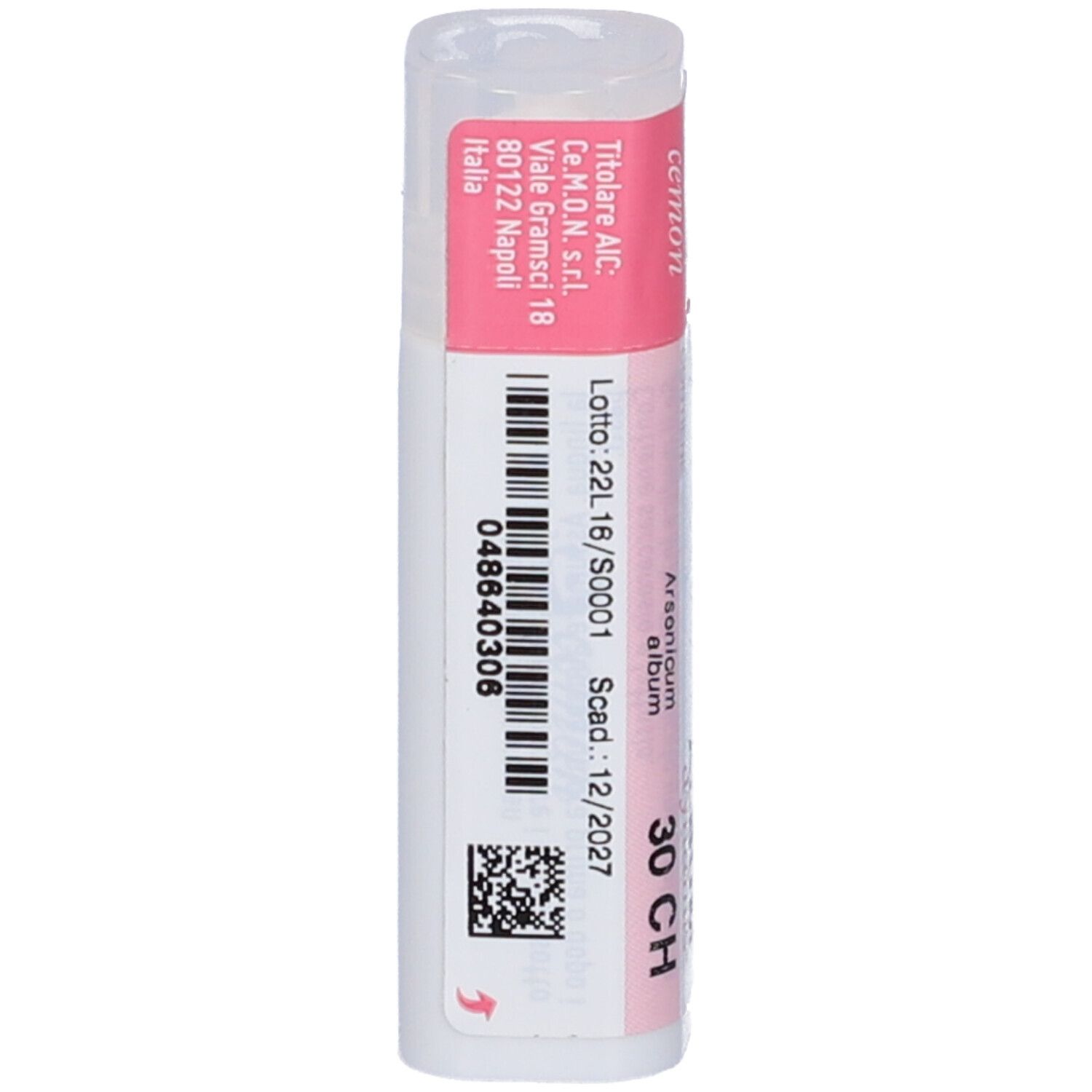 Flacone cilindrico con codice a barre e testo. Scritta: Arsenicum album 30 CH. Scadenza: 12/2027. Etichetta rosa.