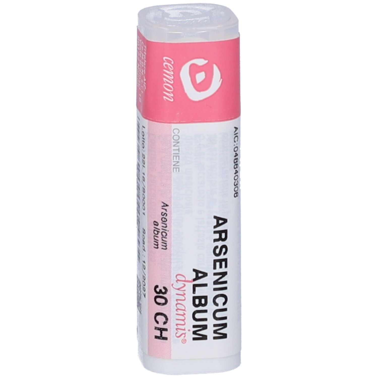 Flacone cilindrico con etichetta rosa. Scritta: Arsenicum album dynamis 30 CH. Tappo trasparente.