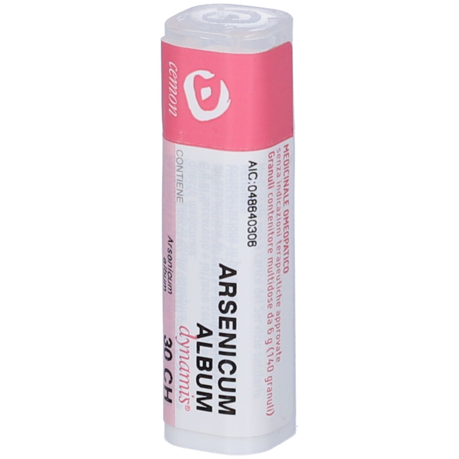 Flacone cilindrico con etichetta rosa. Scritta: Arsenicum album dynamis 30 CH. Tappo trasparente.