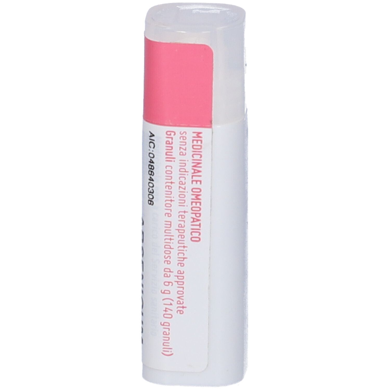 Flacone cilindrico con etichetta rosa. Scritta: Arsenicum album 30 CH. Tappo trasparente. Testo.