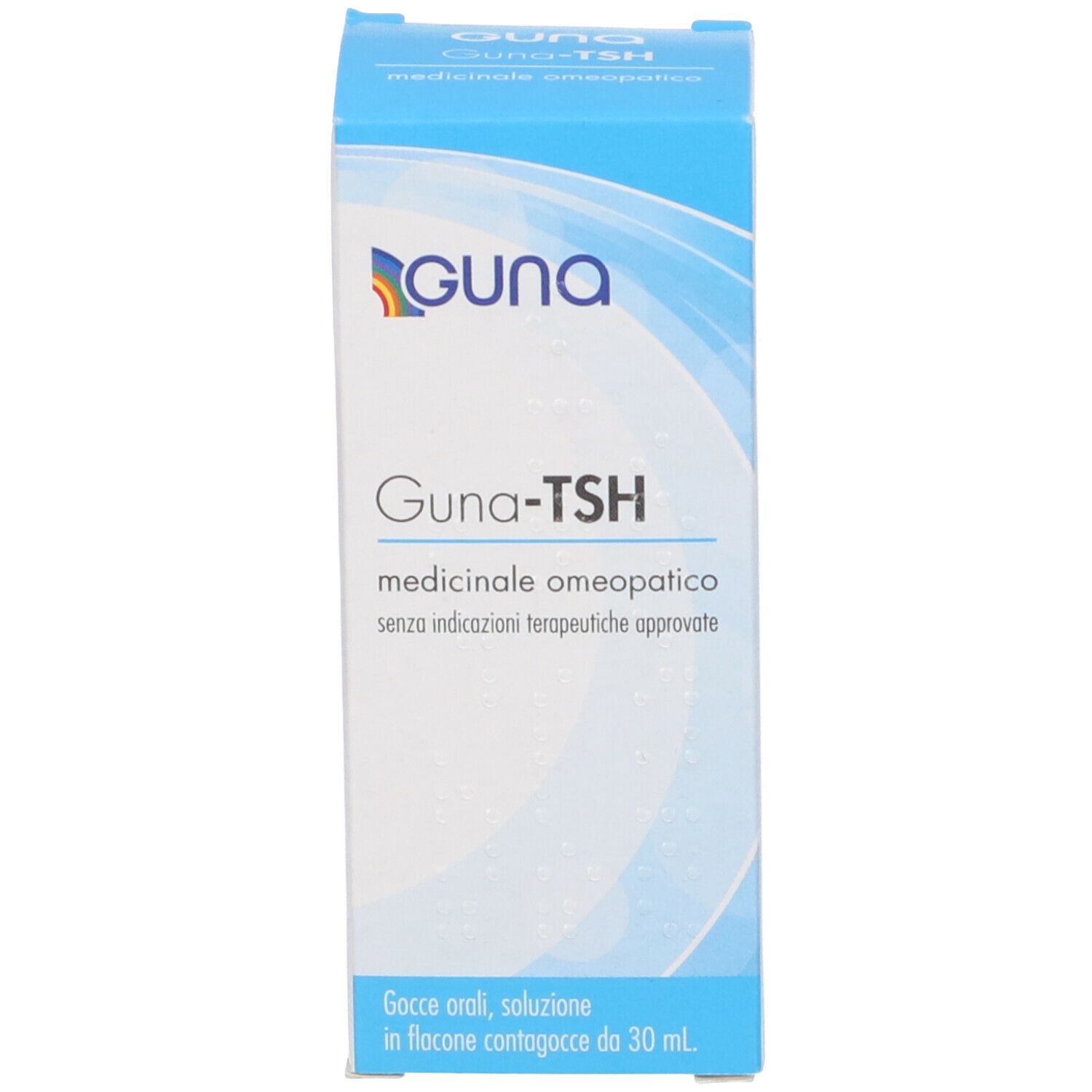 Scatola blu e bianca con logo Guna-TSH. Testo in italiano. Flacone contagocce illustrato.