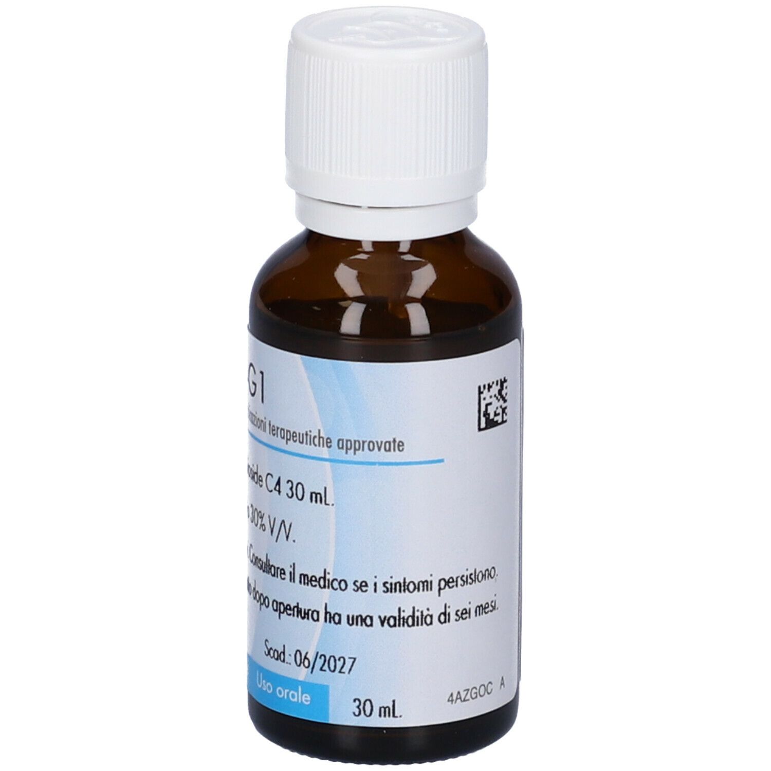 Flacone di vetro marrone con tappo bianco. Etichetta con testo. Guna-G1. 30 ml. Scadenza 06/2027.