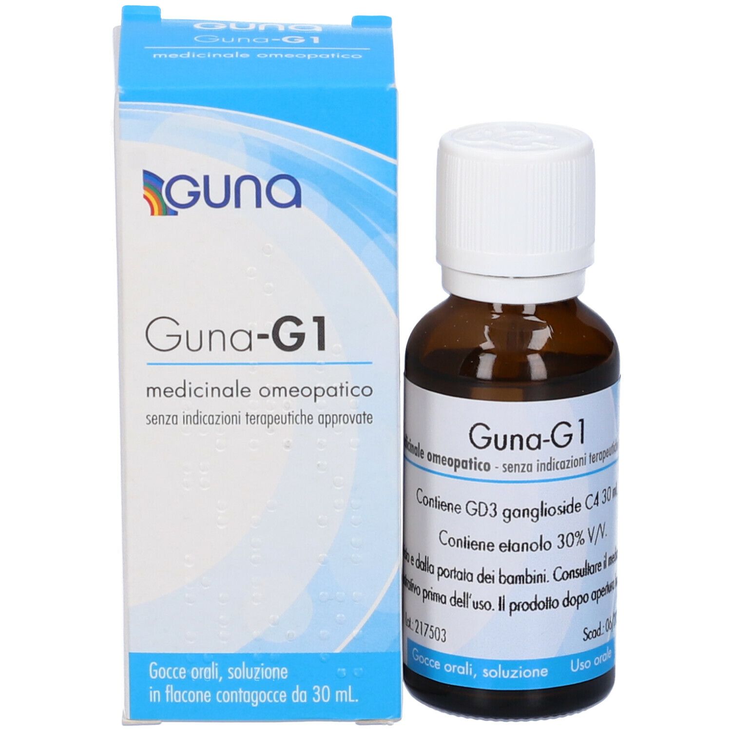 Flacone e confezione Guna-G1. Confezione blu con testo e logo bianchi. Gocce.